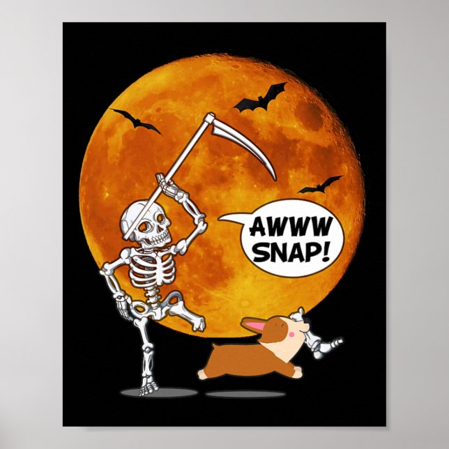 Skeleton Brken Leg Halloween Corgi Reaper Scythe Poster (Framsidan)