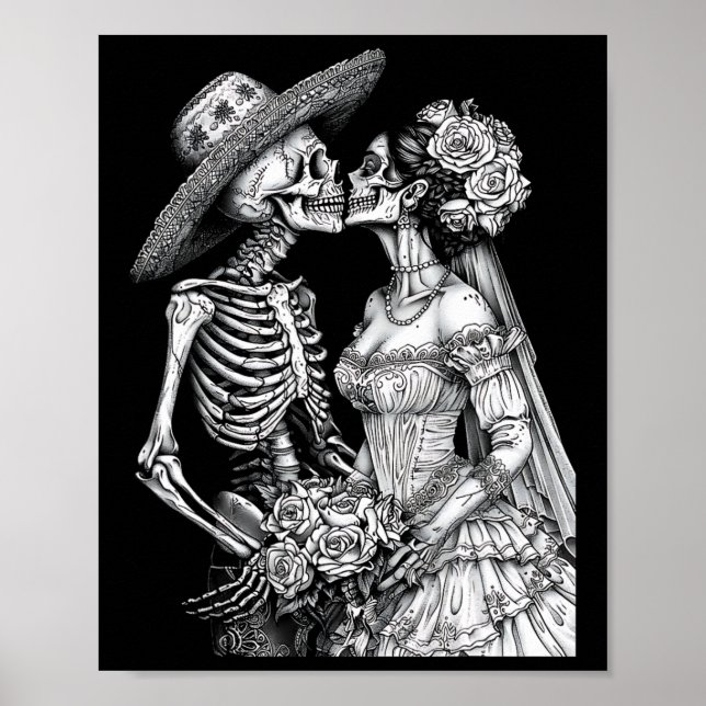 Skeleton Bröllop Bride and Groom Day Dead Hallowee Poster (Framsidan)