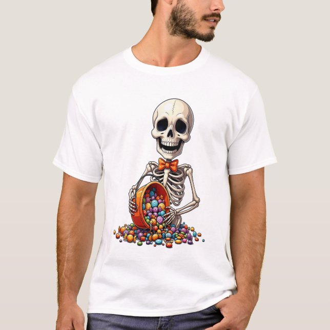 Skeleton Candy Bowl Halloween T Shirt (Framsida)