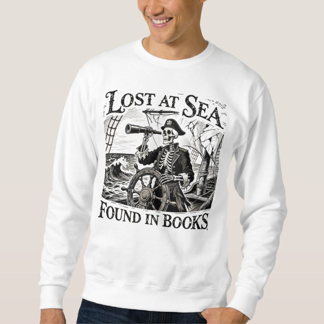 Skeleton Captain "Lost at Sea Found in Books" Lång Ärmad Tröja (Framsida)