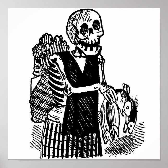 "Skeleton carry Fish" circa tidigt 1900's Mexico Poster (Framsidan)