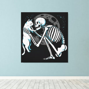 Skeleton Cat Friend Måne Nattght Art Canvastryck