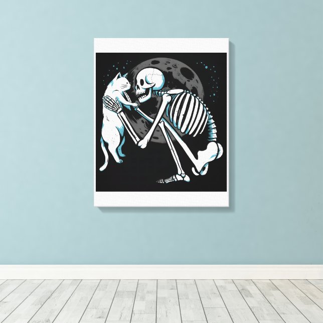 Skeleton Cat Friend Måne Nattght Art Canvastryck (Insitu (trägolv))