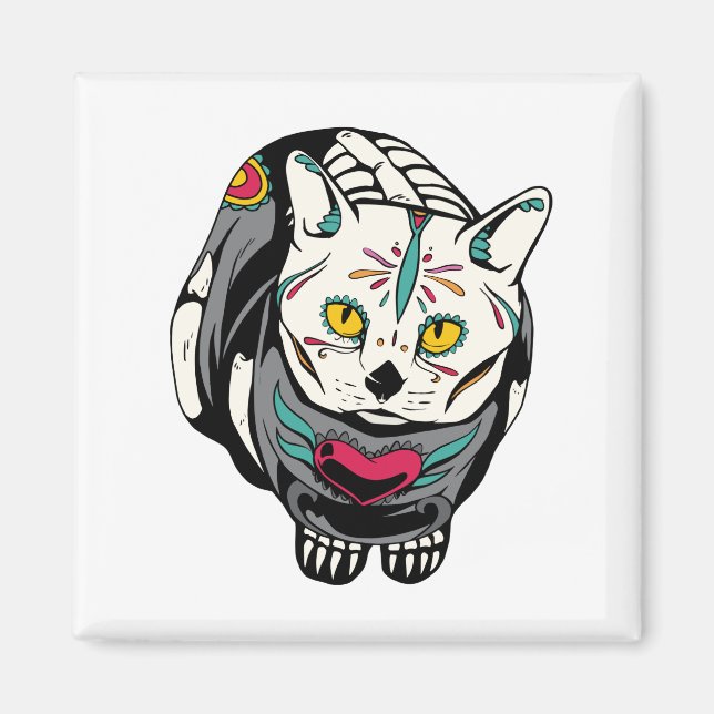 Skeleton Cat Gift for Dia de Muertos Skull Älskare Magnet (Framsidan)