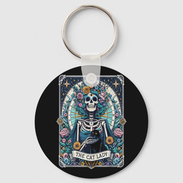 Skeleton Cat Mamma Cat Lover, Cat Tarot Card, Dam Nyckelring (Framsida)