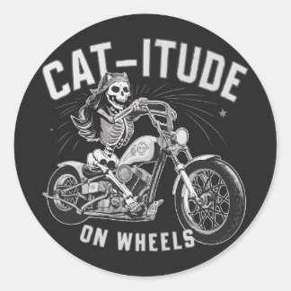 Skeleton Cat Riding A Motorcle - Cat itud Runt Klistermärke