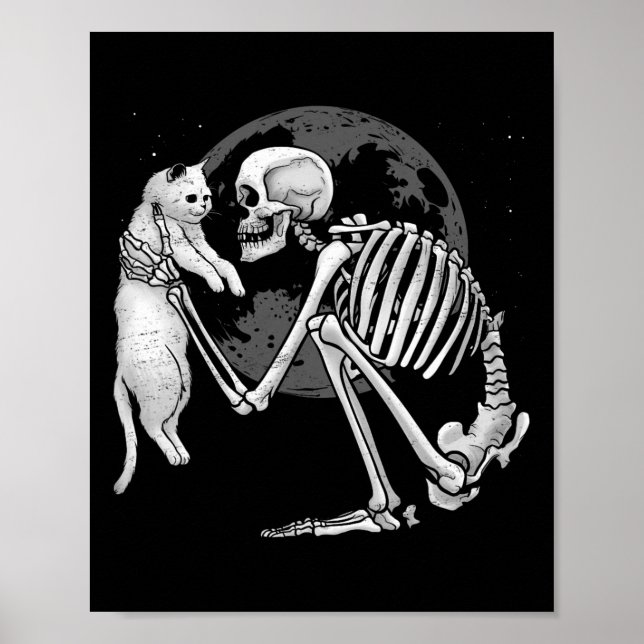 Skeleton Cat Skull Kattunge Cute Ghost Halloween M Poster (Framsidan)