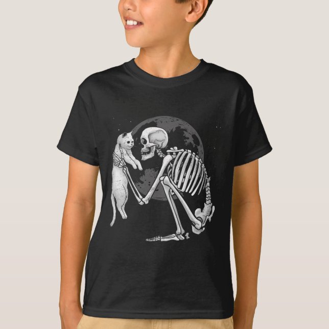 Skeleton Cat Skull Kattunge Cute Ghost Halloween M T Shirt (Framsida)