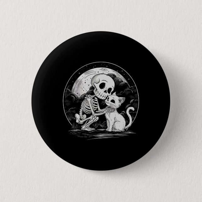Skeleton Cat Skull Kattunge Cute Goth Halloween Co Knapp (Framsida)