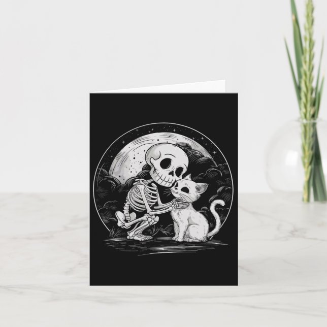 Skeleton Cat Skull Kattunge Cute Goth Halloween Co Kort (Framsida)