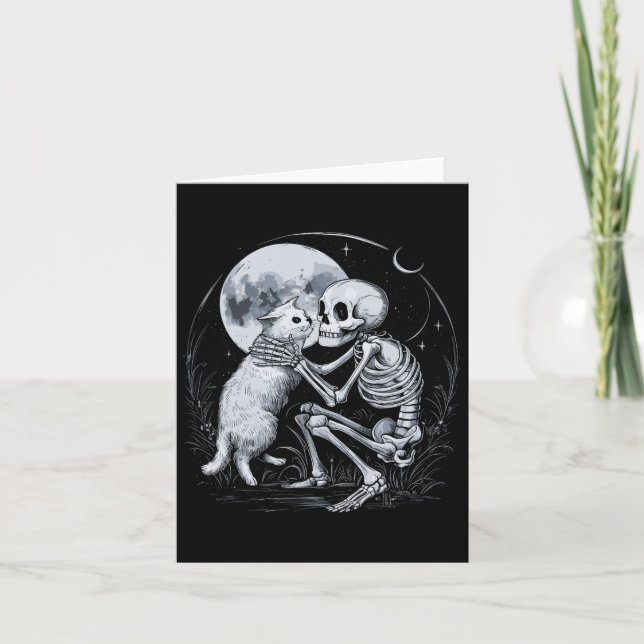 Skeleton Cat Skull Kattunge Cute Goth Halloween Co Kort (Framsida)
