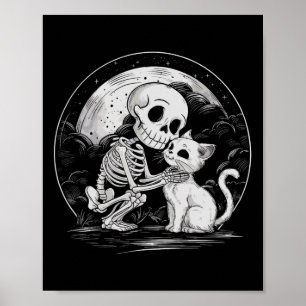 Skeleton Cat Skull Kattunge Cute Goth Halloween Co Poster