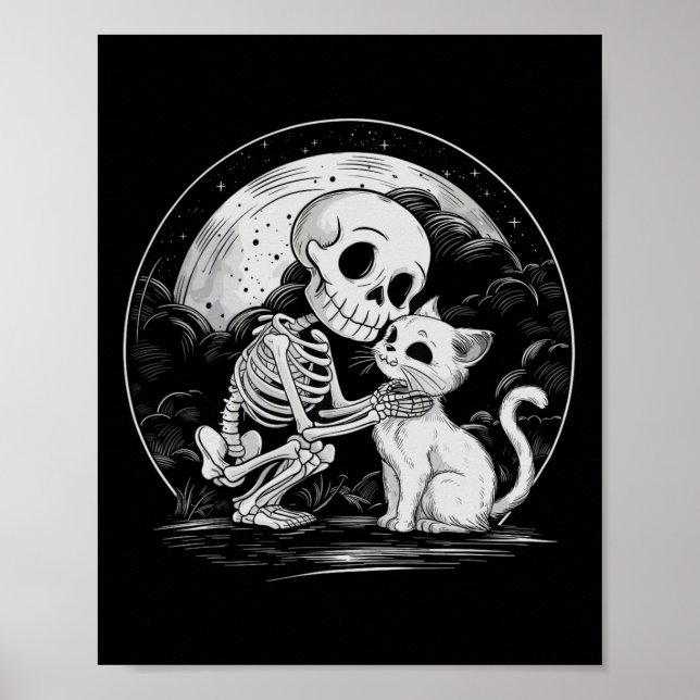 Skeleton Cat Skull Kattunge Cute Goth Halloween Co Poster (Framsidan)