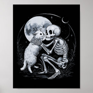 Skeleton Cat Skull Kattunge Cute Goth Halloween Co Poster