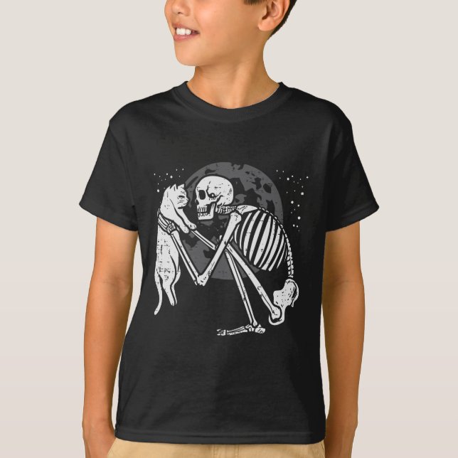 Skeleton Cat Skull Kattunge Cute Goth Halloween Ma T Shirt (Framsida)