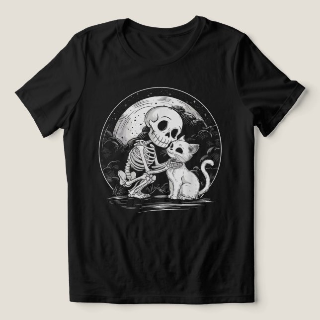 Skeleton Cat Skull Kattunge - Cute Goth Halloween T Shirt (Design Framsida)