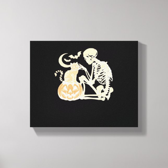Skeleton Cat Skull kattunge Cute Halloween Design  Canvastryck (Framsida)