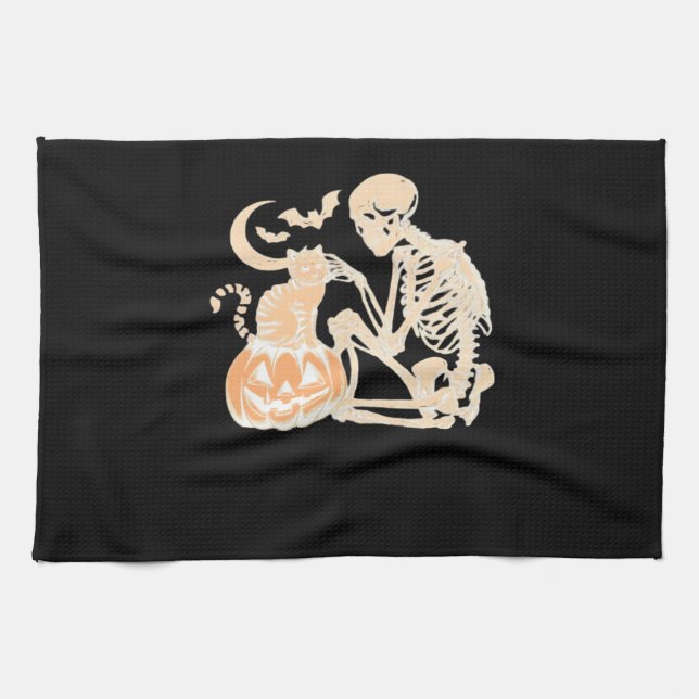 Skeleton Cat Skull kattunge Cute Halloween Design  Kökshandduk (Horisontell)