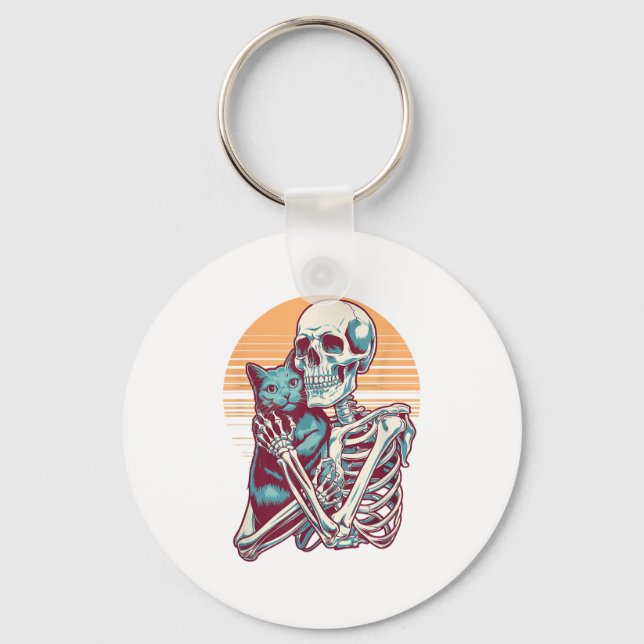 Skeleton Cat Skull Kattunge Vintage Halloween Mana Nyckelring (Framsida)