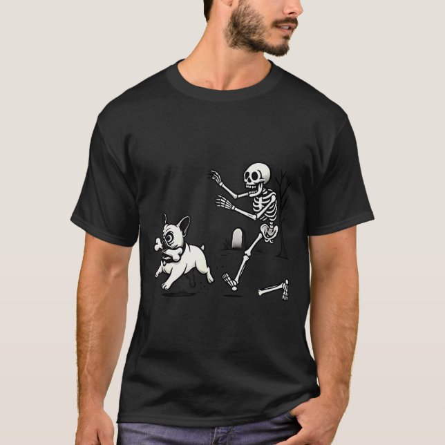 Skeleton Chasing French Bulldog Biting Leg Bone Ha T Shirt (Framsida)
