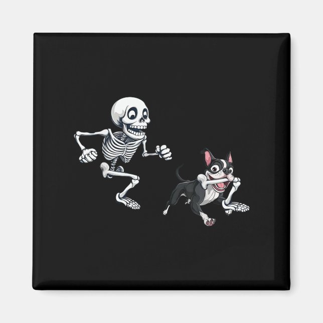 Skeleton Chasing Hund Boston Terrier Halloween Pet Magnet (Framsidan)