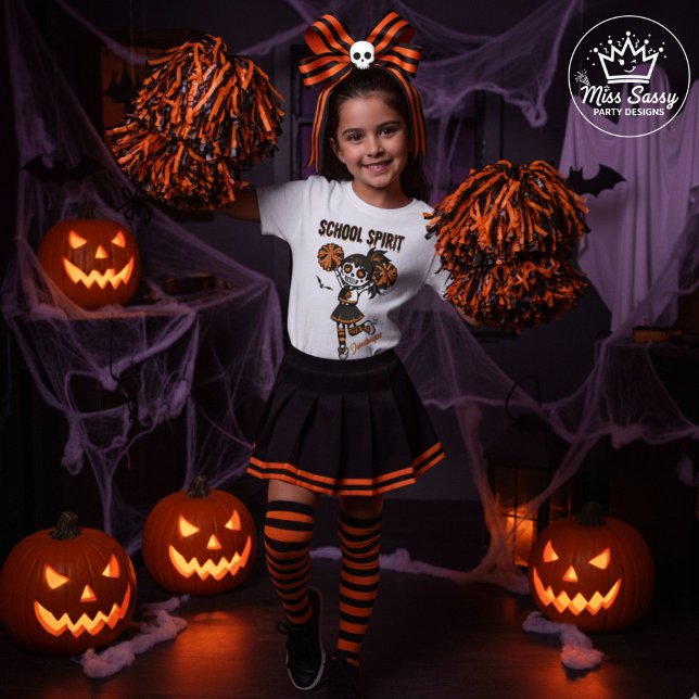 Skeleton Cheermanager Halloween School Spirit T Shirt (Spooky cheer spirit meets Halloween fun with this skeleton cheerleader tee perfect for school pride!)