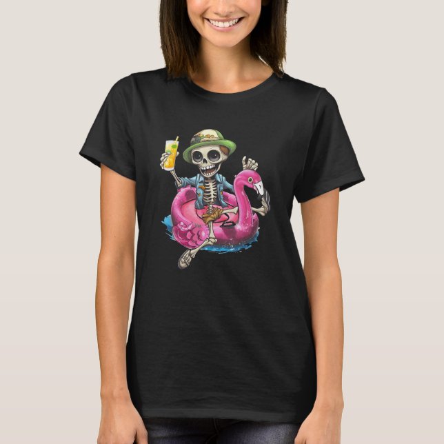 Skeleton Chilling on Flamingo Life buoy Halloween  T Shirt (Framsida)