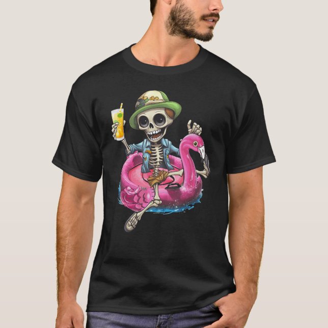 Skeleton Chilling on Flamingo Life buoy Halloween  T Shirt (Framsida)
