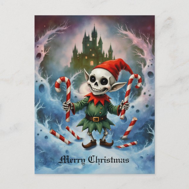 Skeleton Christmas Elf – Creepy Cute Dark Holiday  Inbjudan Vykort (Framsida)