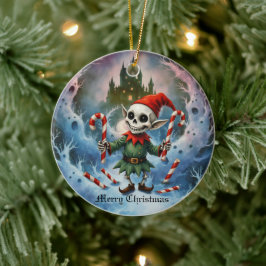 Skeleton Christmas Elf – Creepy Cute Dark Holiday Julgransprydnad Keramik