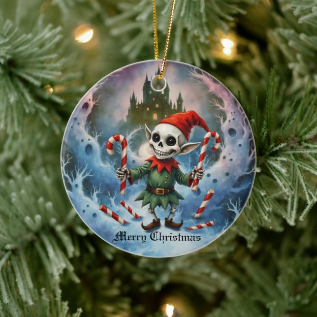 Skeleton Christmas Elf – Creepy Cute Dark Holiday  Julgransprydnad Keramik (Träd)
