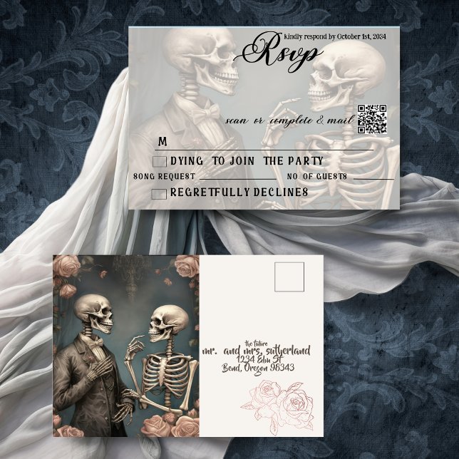 Skeleton Couple Til Death do us part OSA QR Inbjudan Vykort (Gothic  RSVP postcard QR Code)