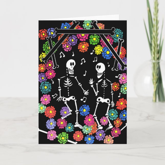 Skeleton Dancers Dancing to Music between Flowers Helgkort (Framsida)