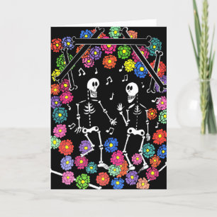 Skeleton Dancers Dancing to Music between Flowers Helgkort