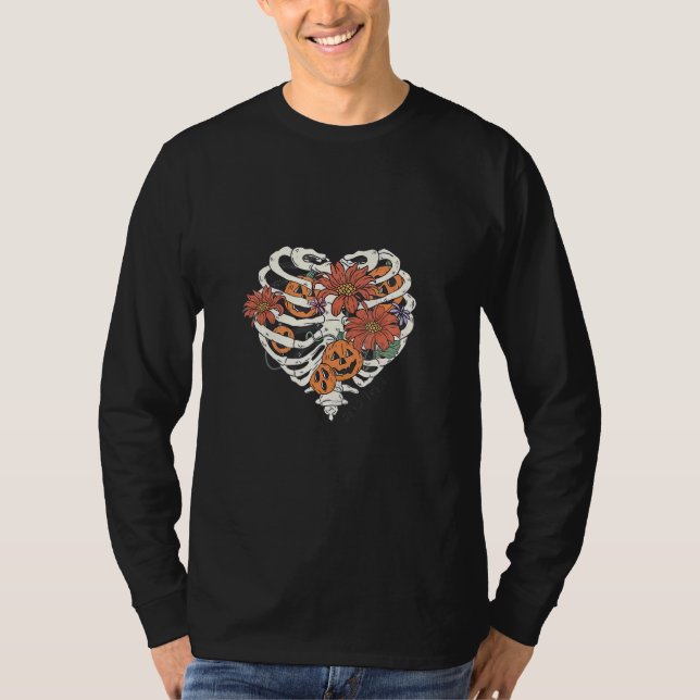 Skeleton Dead Inside Heart Flower Pumpkin T Shirt (Framsida)