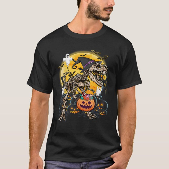 Skeleton Dinosaur Halloween T Rex Pumpkin Costume Shirt (Framsida)