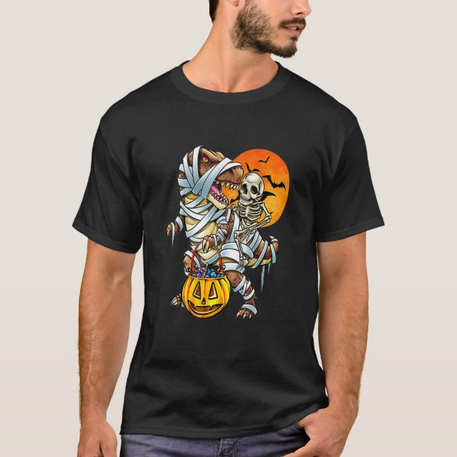 Skeleton Dinosaur rex Boys Halloween Mummy  Pumpki T Shirt (Framsida)