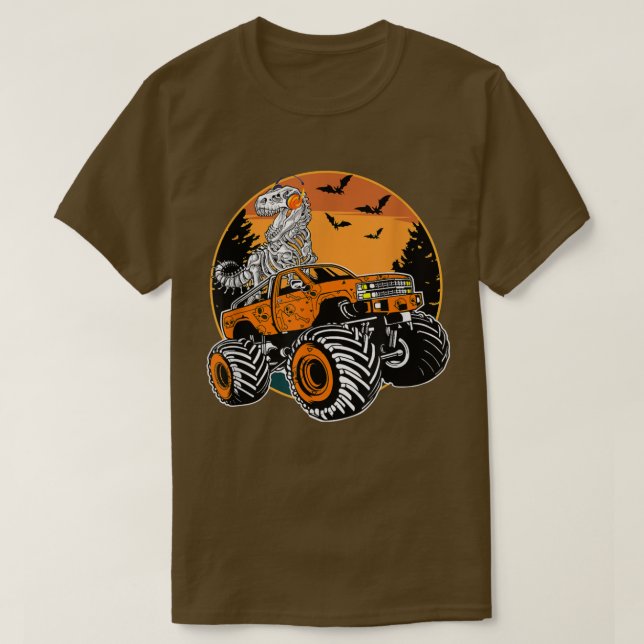 Skeleton Dinosaur Riding Monster Lastbil Halloween T Shirt (Design framsida)