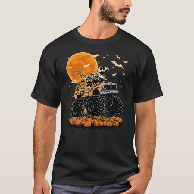 Skeleton Dinosaur T-rex Riding Monster Truck Hallo T Shirt (Framsida)