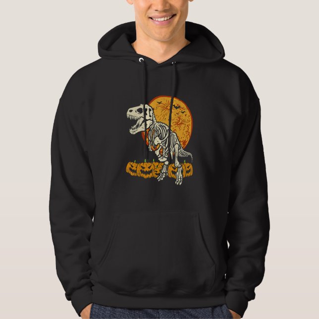 Skeleton Dinosaur Trex Dino Pumpkins Moon Boys Hal Hoodie (Framsida)