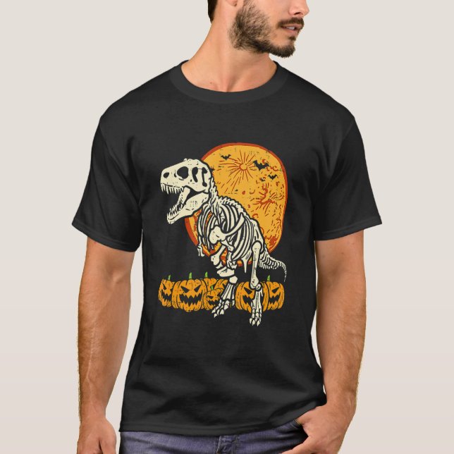Skeleton Dinosaur Trex Dino Pumpkins Moon Boys Hal T Shirt (Framsida)