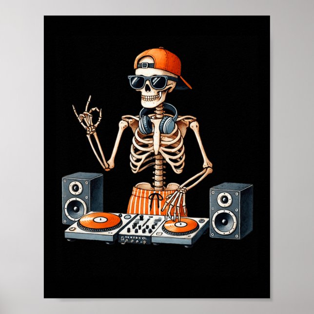 Skeleton Dj Halloween Costume Turntable Music Funn Poster (Framsidan)