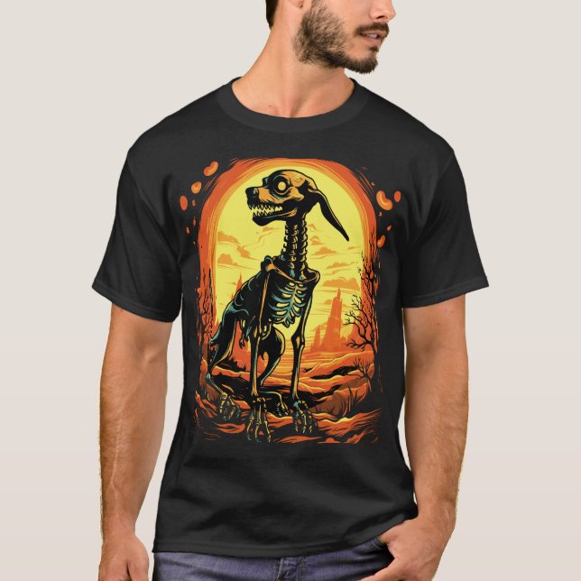 Skeleton Dog Halloween Art T Shirt (Framsida)
