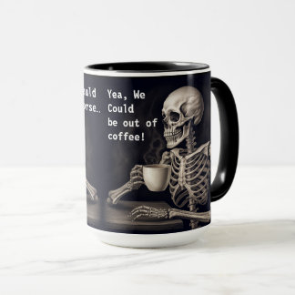 Skeleton dricker kaffe med vän mugg