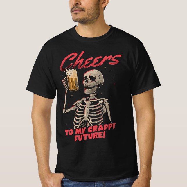 Skeleton Drinking Beer, Skull, New Halloween 2023 T Shirt (Framsida)