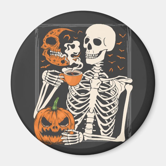Skeleton Drinking Coffee Älskare Halloween Skull C Magnet (Framsidan)