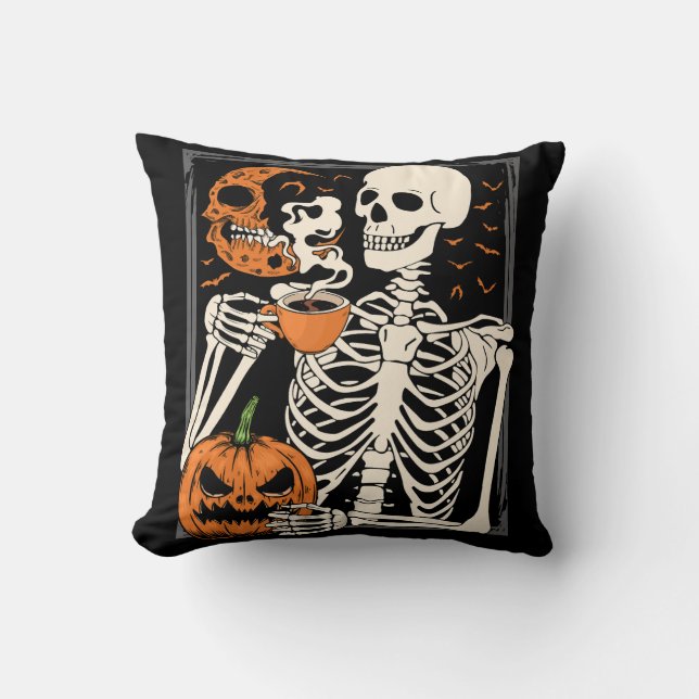 Skeleton Drinking Coffee Älskare Halloween Skull Kudde (Framsida)