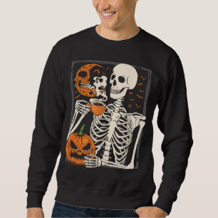 Skeleton Drinking Coffee Älskare Halloween Skull M Lång Ärmad Tröja