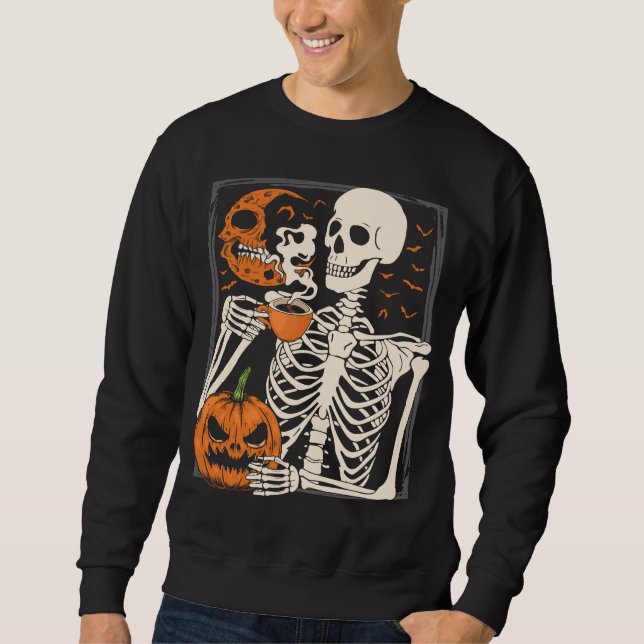 Skeleton Drinking Coffee Älskare Halloween Skull M Lång Ärmad Tröja (Framsida)