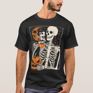 Skeleton Drinking Coffee Älskare Halloween Skull M T Shirt